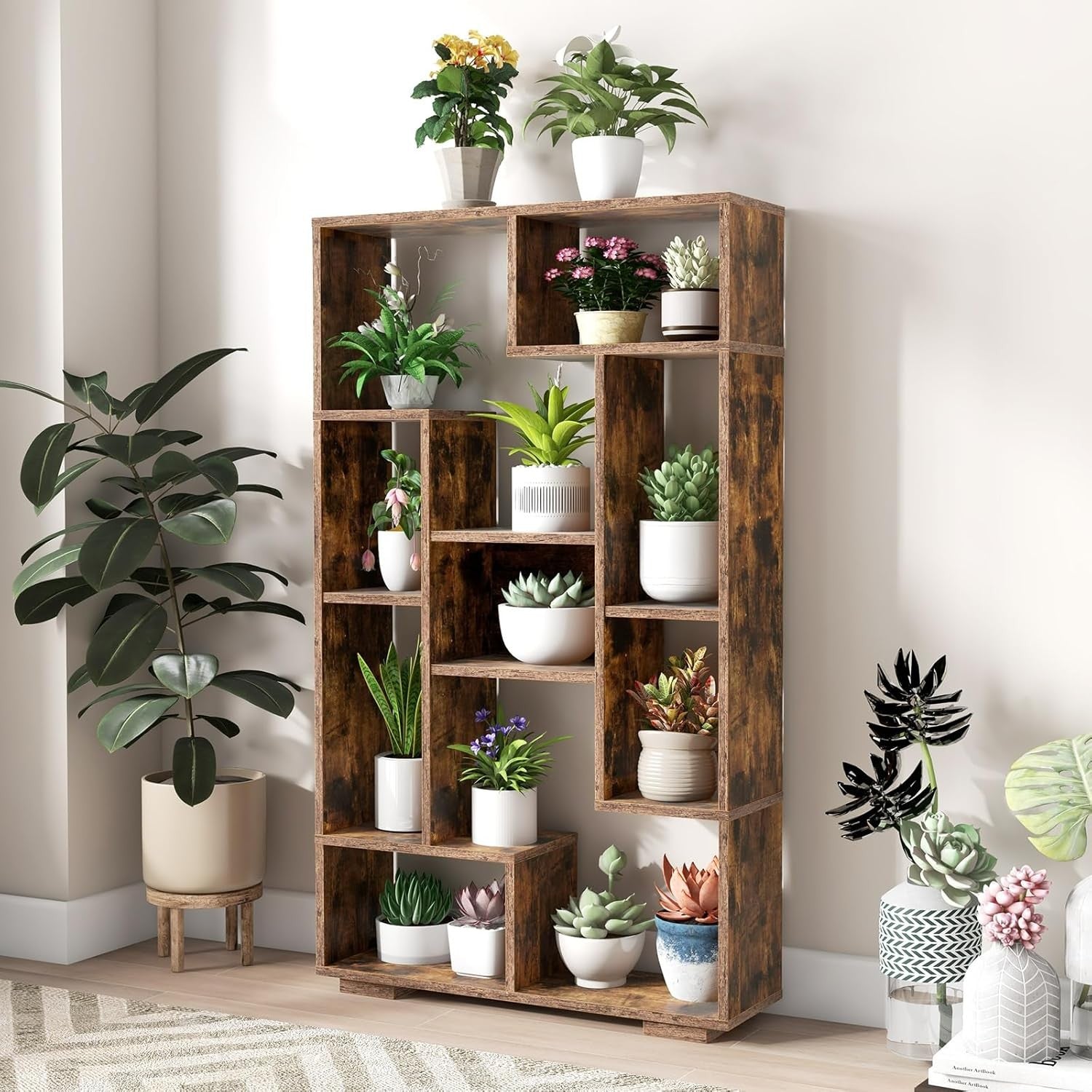 11-Cube Geometric Bookcase Rustic Brown | Modern Freestanding Display Storage