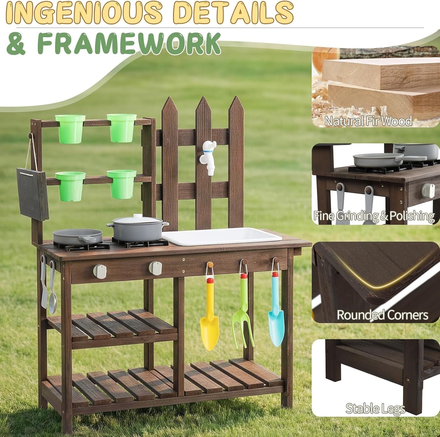 Outdoor Wooden Mud Kitchen Kids Garden Playset Sink Pots Toy