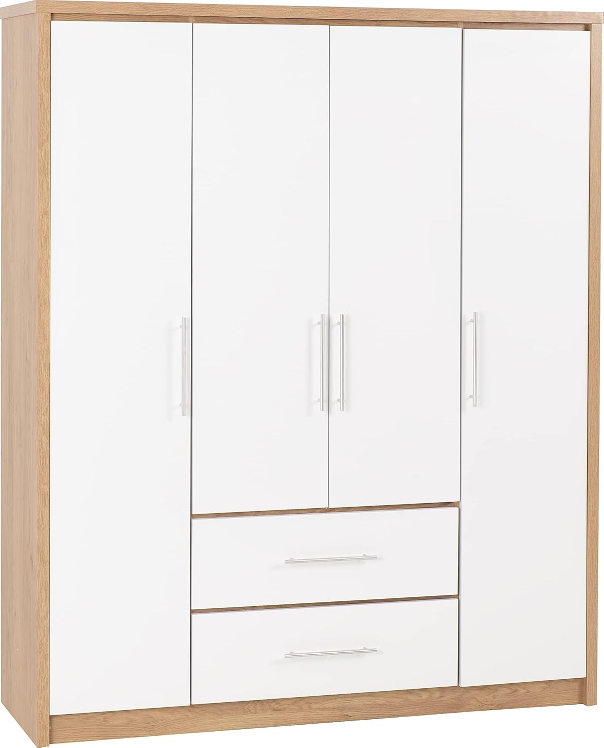 White Gloss 4 Door Wardrobe with 2 Drawers Oak Effect – Spacious & Lockable