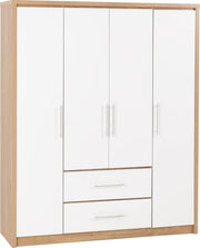 White Gloss 4 Door Wardrobe with 2 Drawers Oak Effect – Spacious & Lockable
