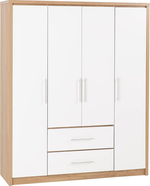 White Gloss 4 Door Wardrobe with 2 Drawers Oak Effect – Spacious & Lockable