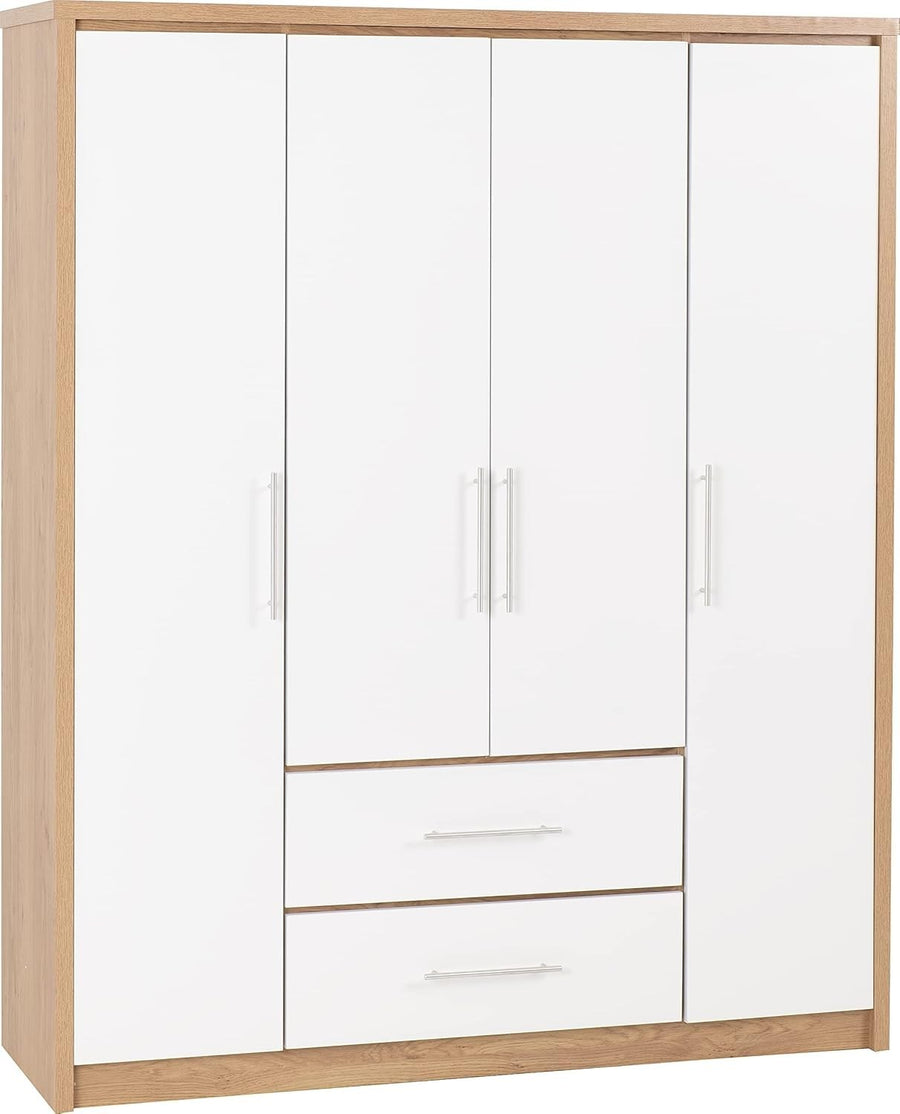 White Gloss 4 Door Wardrobe with 2 Drawers Oak Effect – Spacious & Lockable