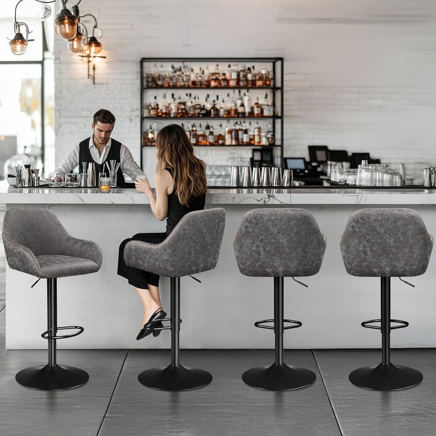Adjustable Grey PU Leather Bar Stools Set of 2 – Swivel Counter Chairs