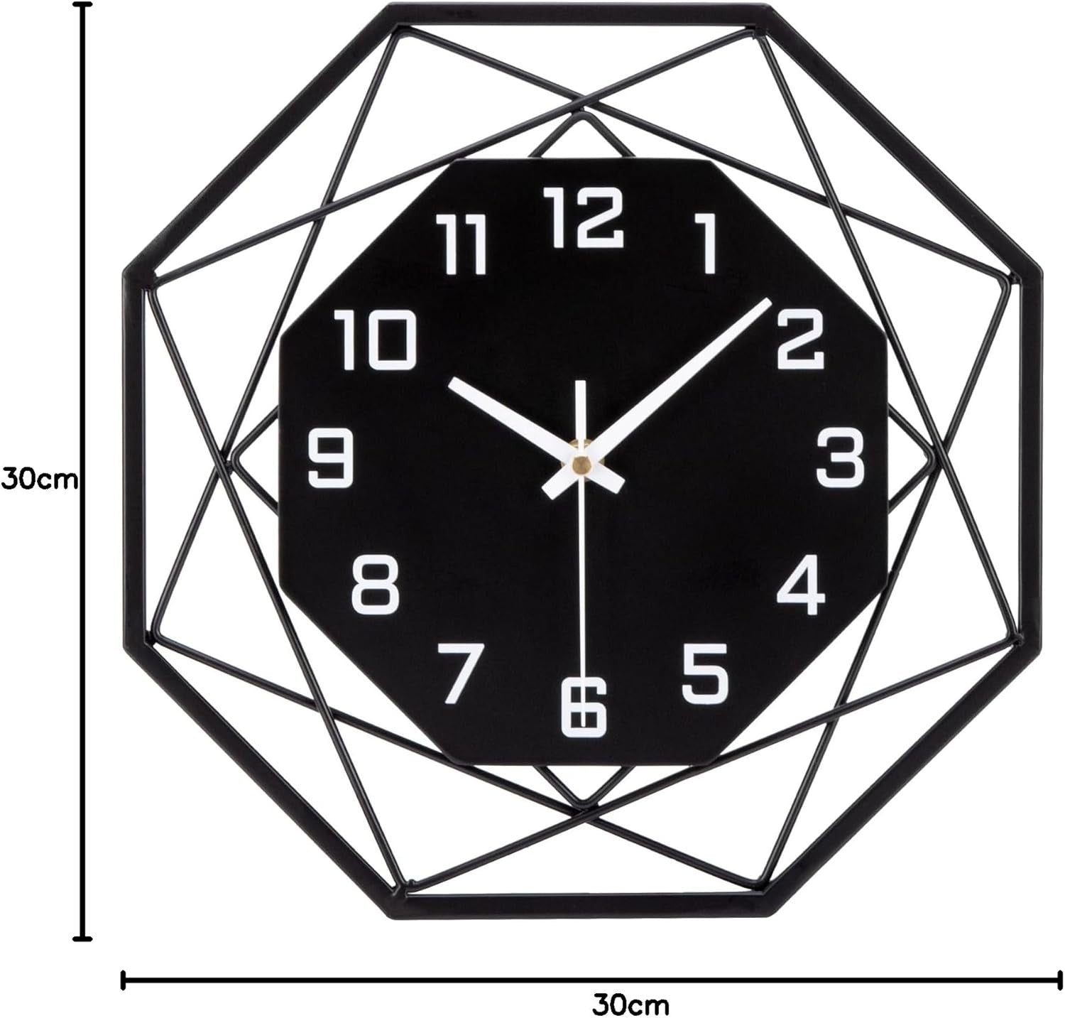 Modern Metal Wall Clock 30cm Silent Non-Ticking Black Geometric Home Decor
