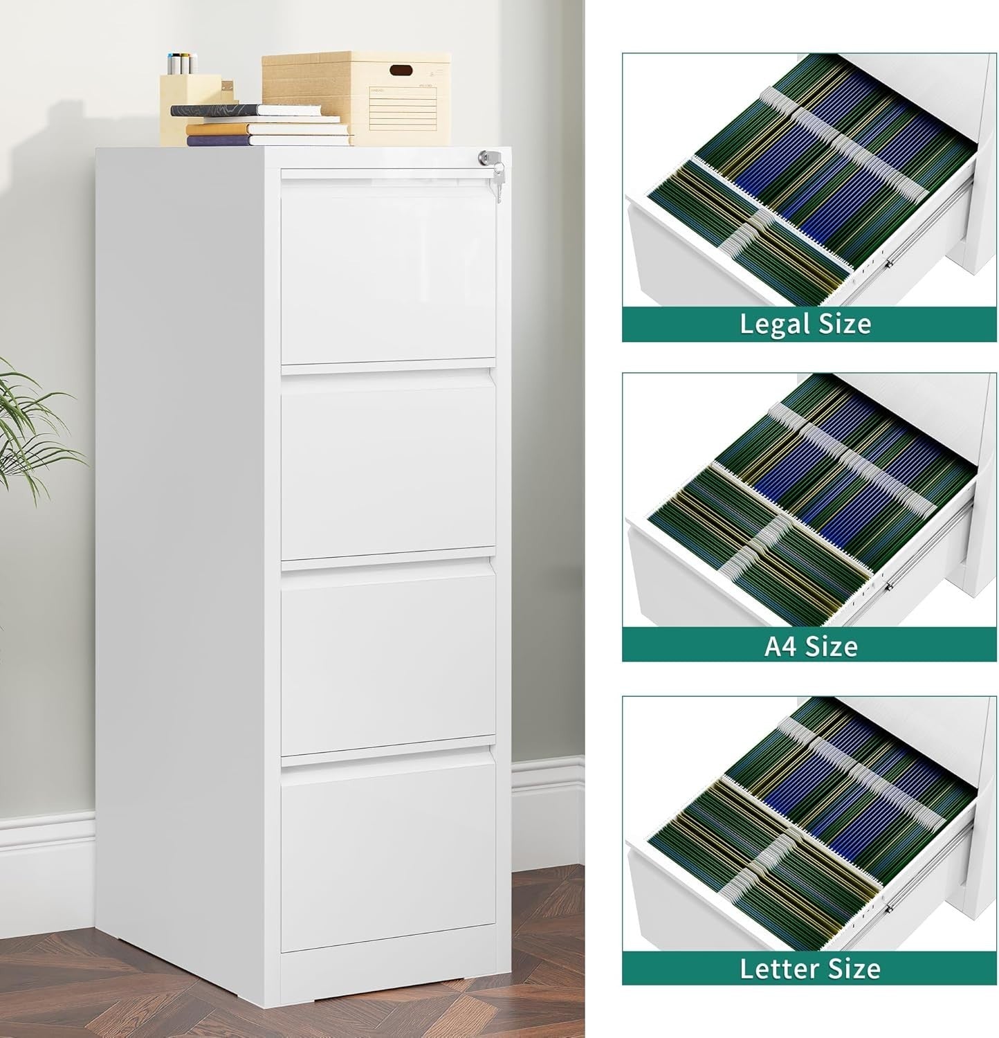 White 4 Drawer Lockable File Cabinet 62x45x133cm Rolling Steel
