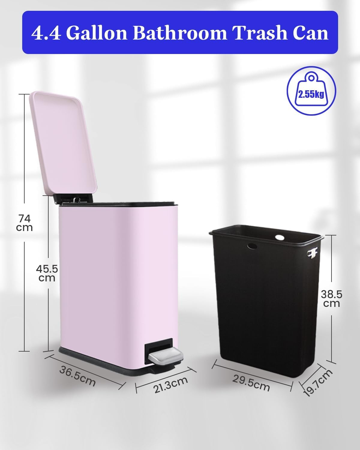 17L Pink Stainless Steel Pedal Bin Slim Bathroom Soft Close Lid