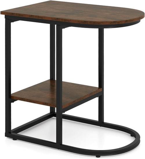 Rustic Brown C-Shaped Side Table with Shelf – Industrial Sofa Laptop Stand