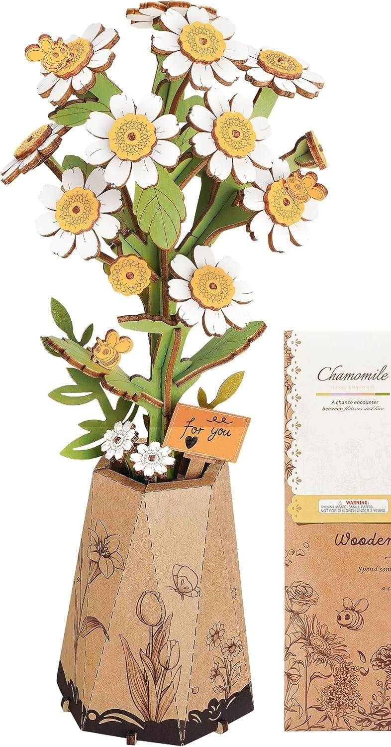 3D Wooden Flower Puzzle Kit Chamomile Home Decor Gift DIY Relaxing Craft