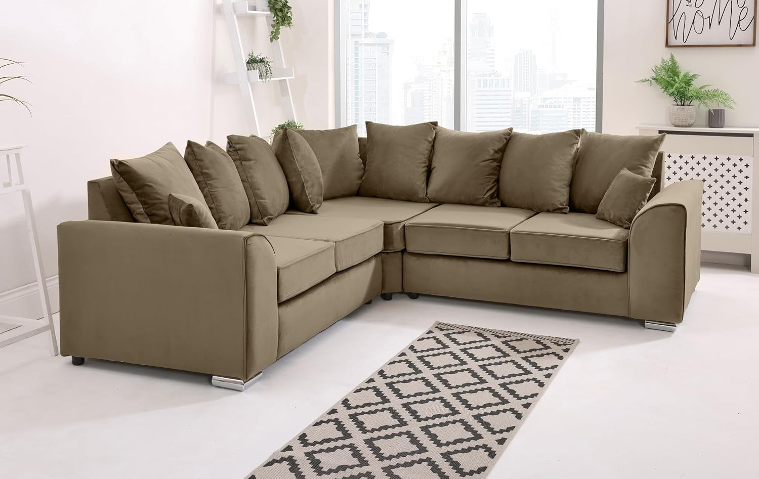Mink Plush Velvet 5 Seater Corner Sofa – Scatterback Foam Cushions & Chrome Feet