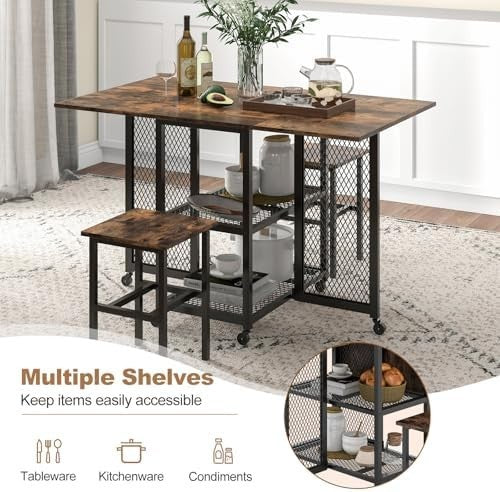 Drop Leaf Folding Dining Table Set with Stools Storage Shelves Space Saving