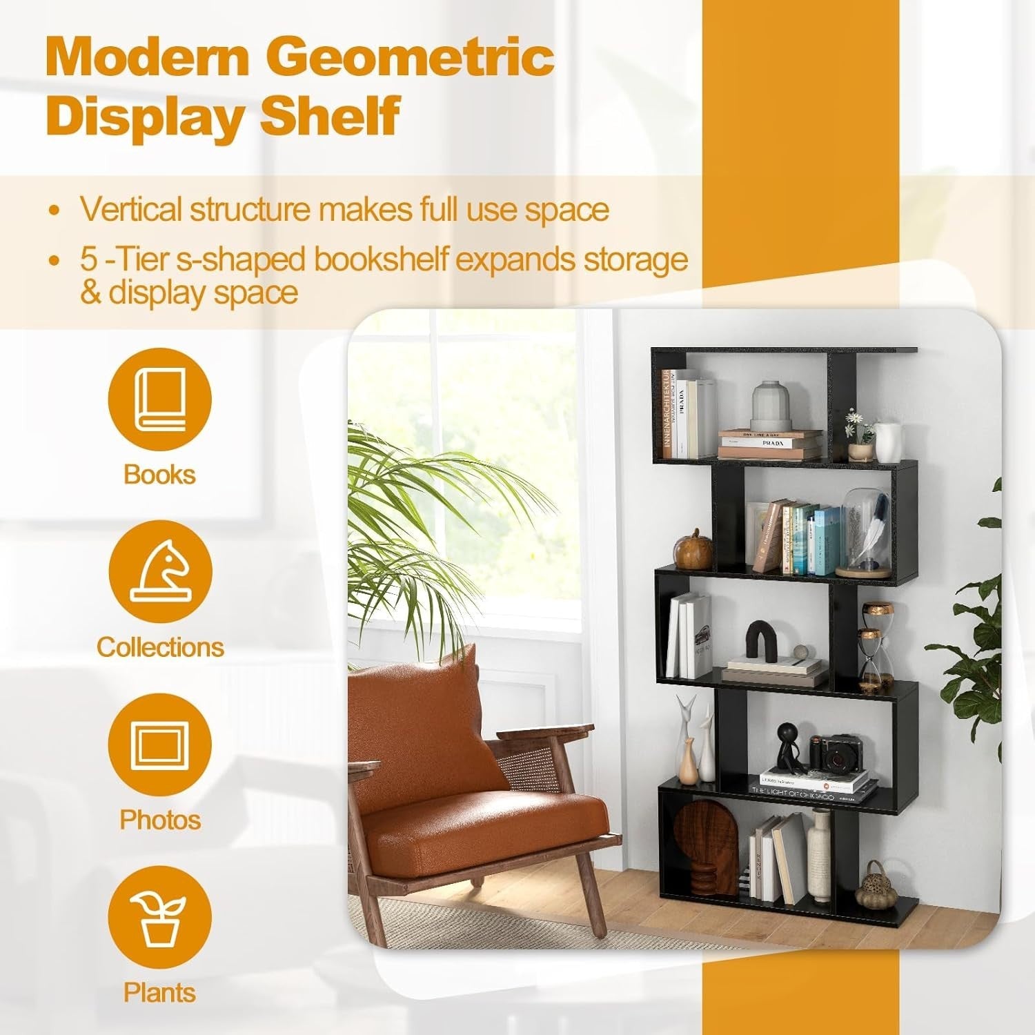 S Shaped 5 Tier Wooden Bookcase Freestanding Display Storage Shelf Black