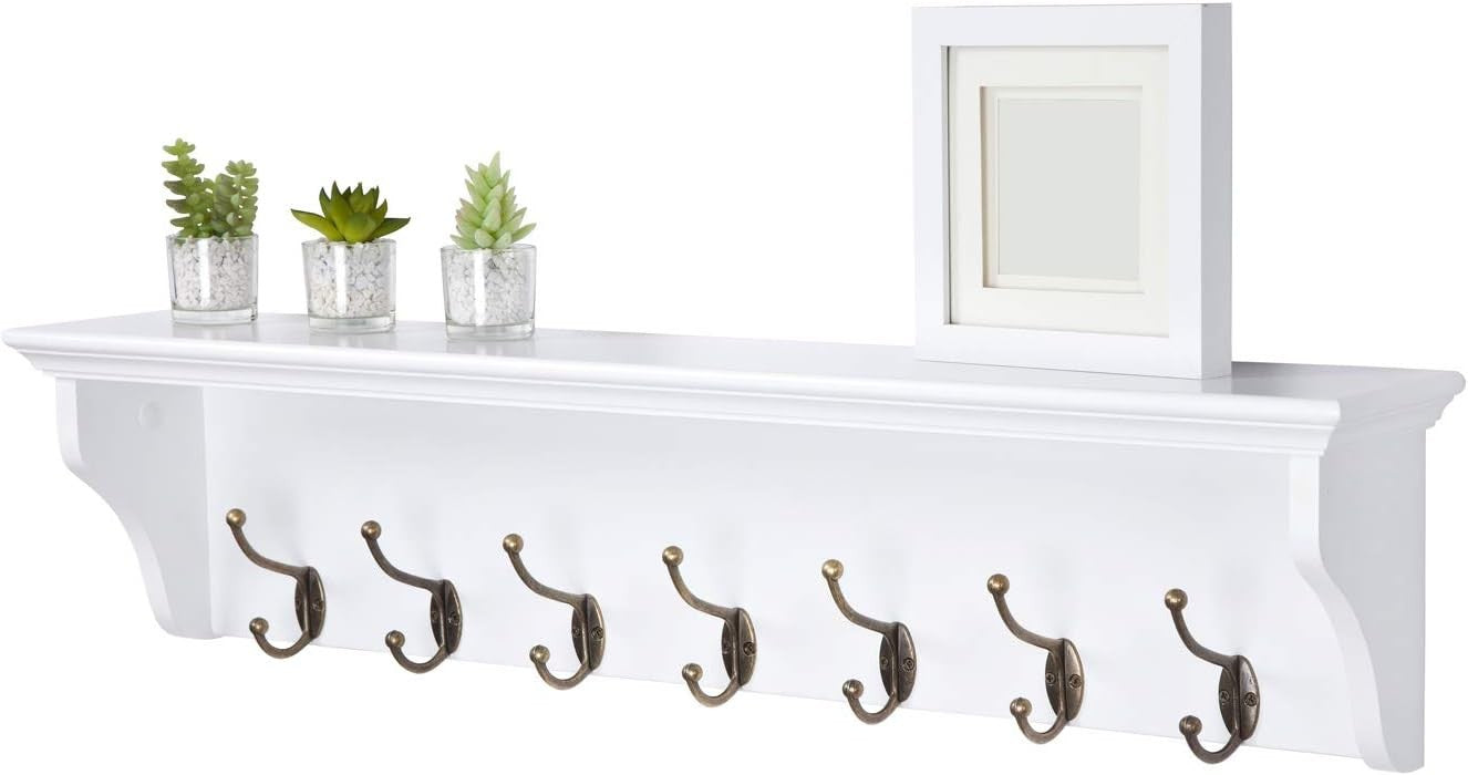 White Wooden Wall Coat Rack with Shelf & 7 Hooks – Hallway Bathroom Organizer