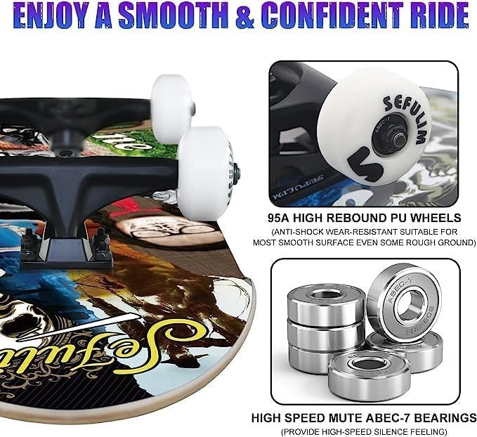 31" Complete Skateboard Maple Double Kick Trick Board Multi Design Teens Adults
