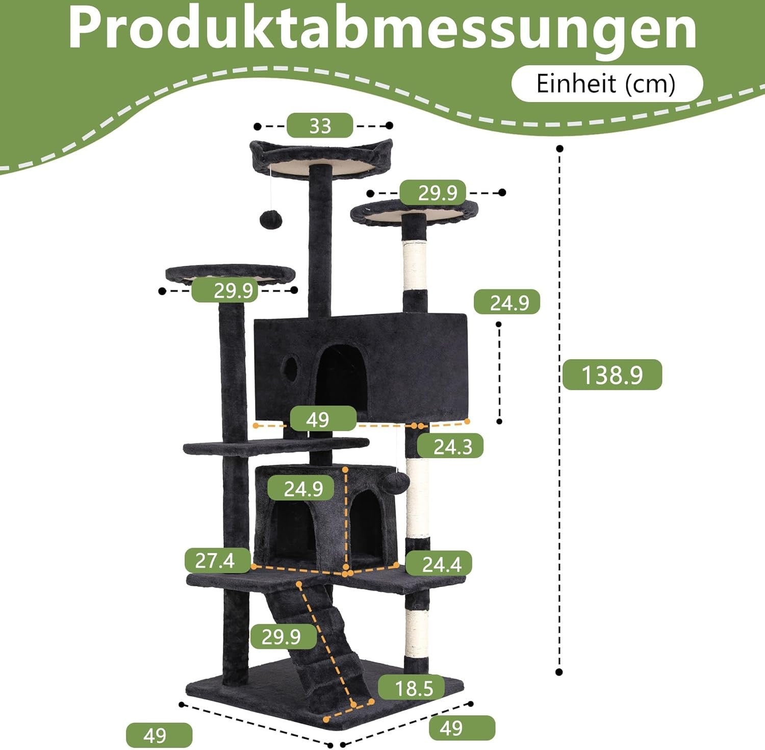 Dark Grey Cat Tree Tower 139cm Multi Level Condo with Scratching Posts