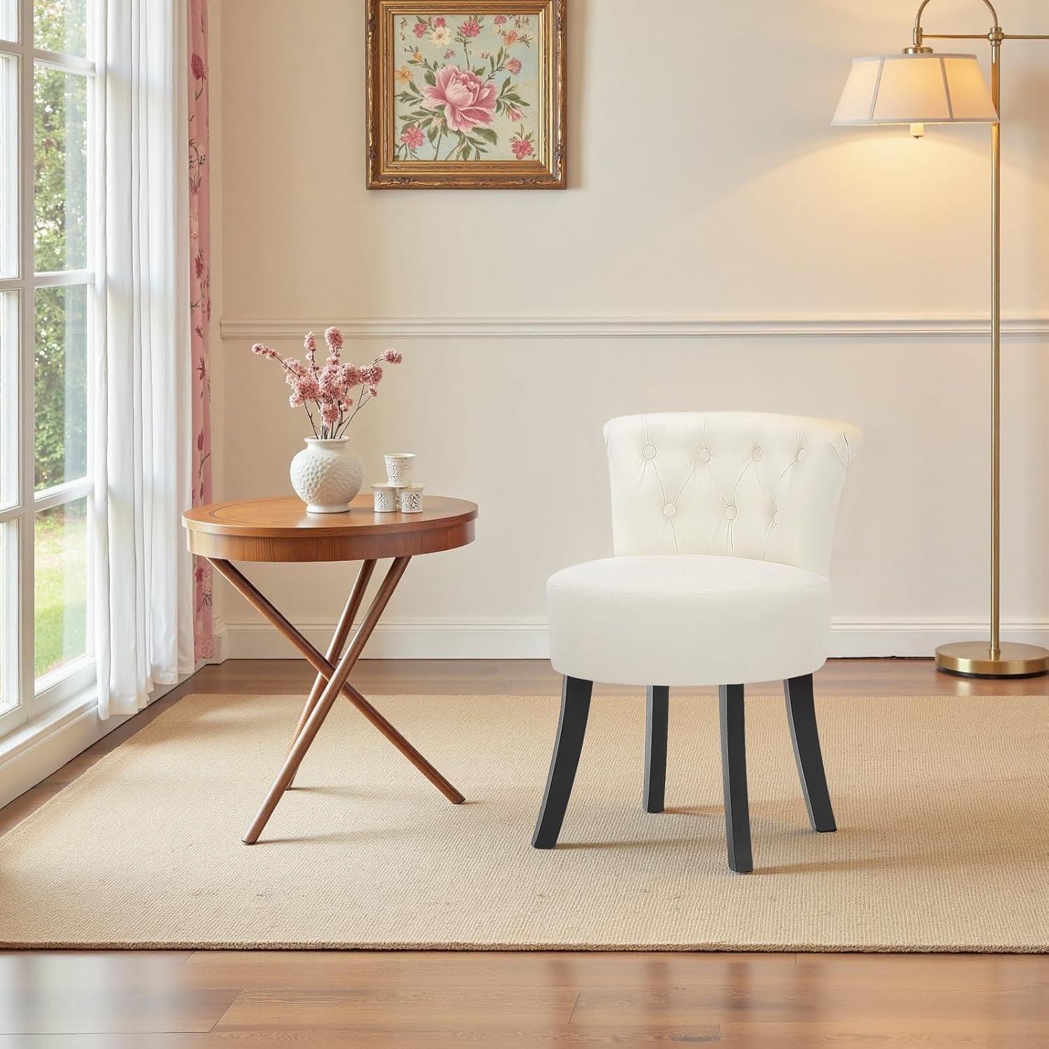 Beige Linen Vanity Chair with Tufted Back & Solid Wood Legs – Comfy Makeup Stool