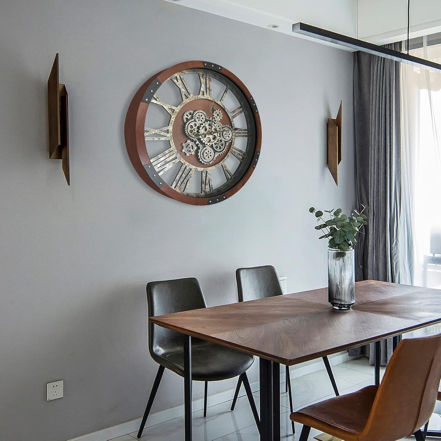 27" Steampunk Wall Clock Wood Industrial Moving Gears Silent Retro Decor