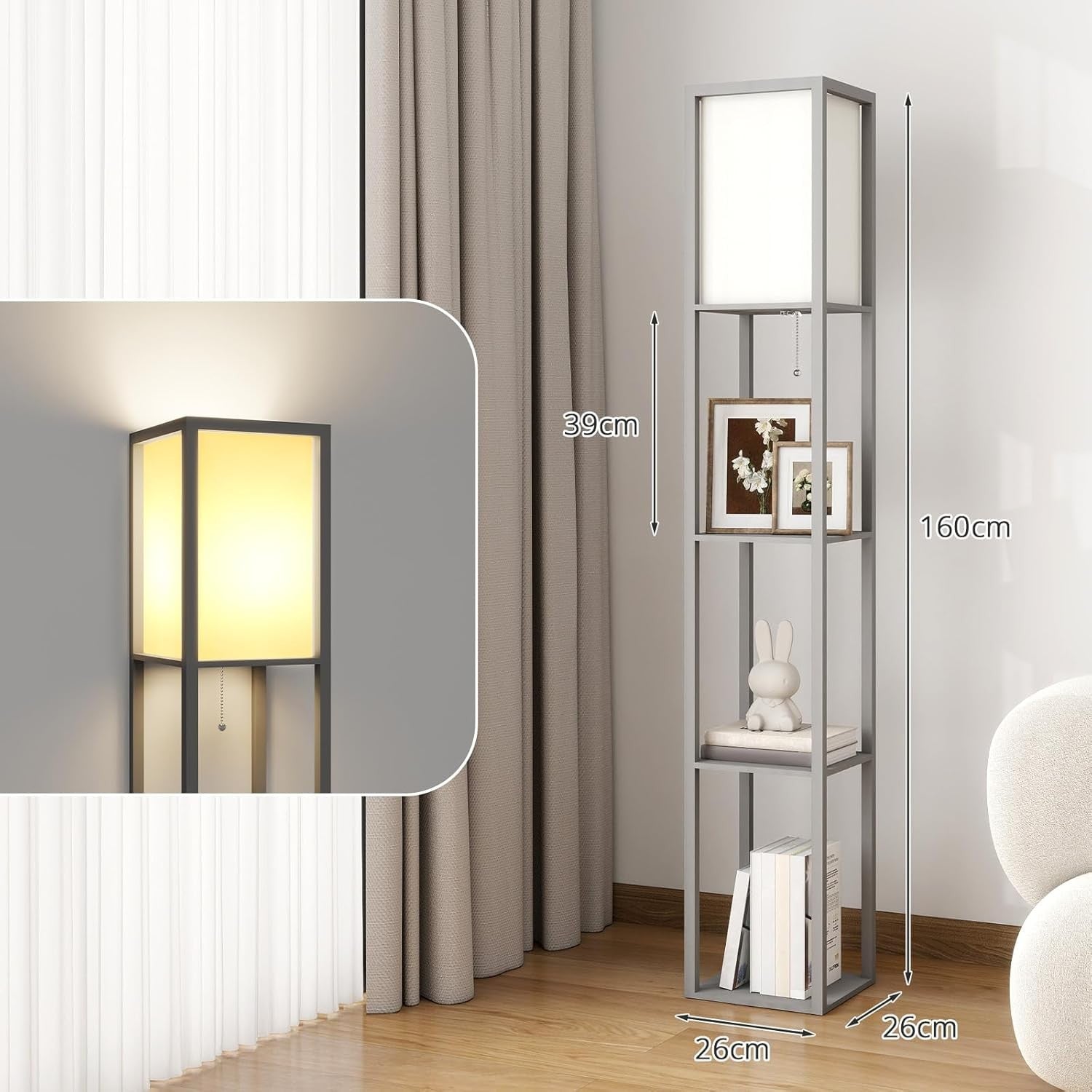 LED Floor Lamp with Shelves Storage Standing Light Dimmable E27 Modern Grey