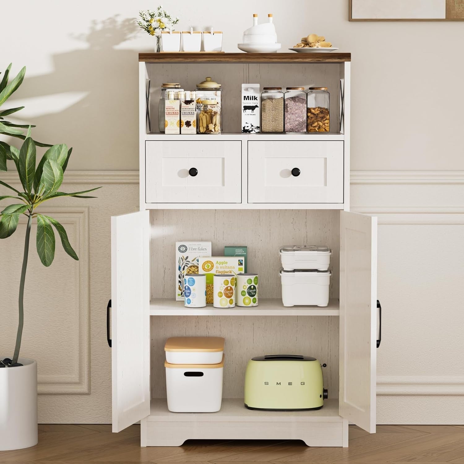 White Kitchen Sideboard Cabinet with Drawers & Shelf Storage Unit
