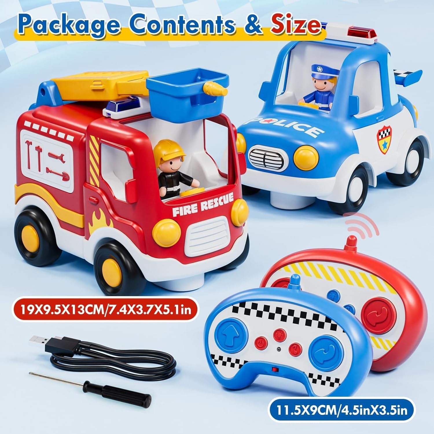 Toddler RC Police Car & Fire Truck Toy Set Lights Sounds Gift Kids 2–4