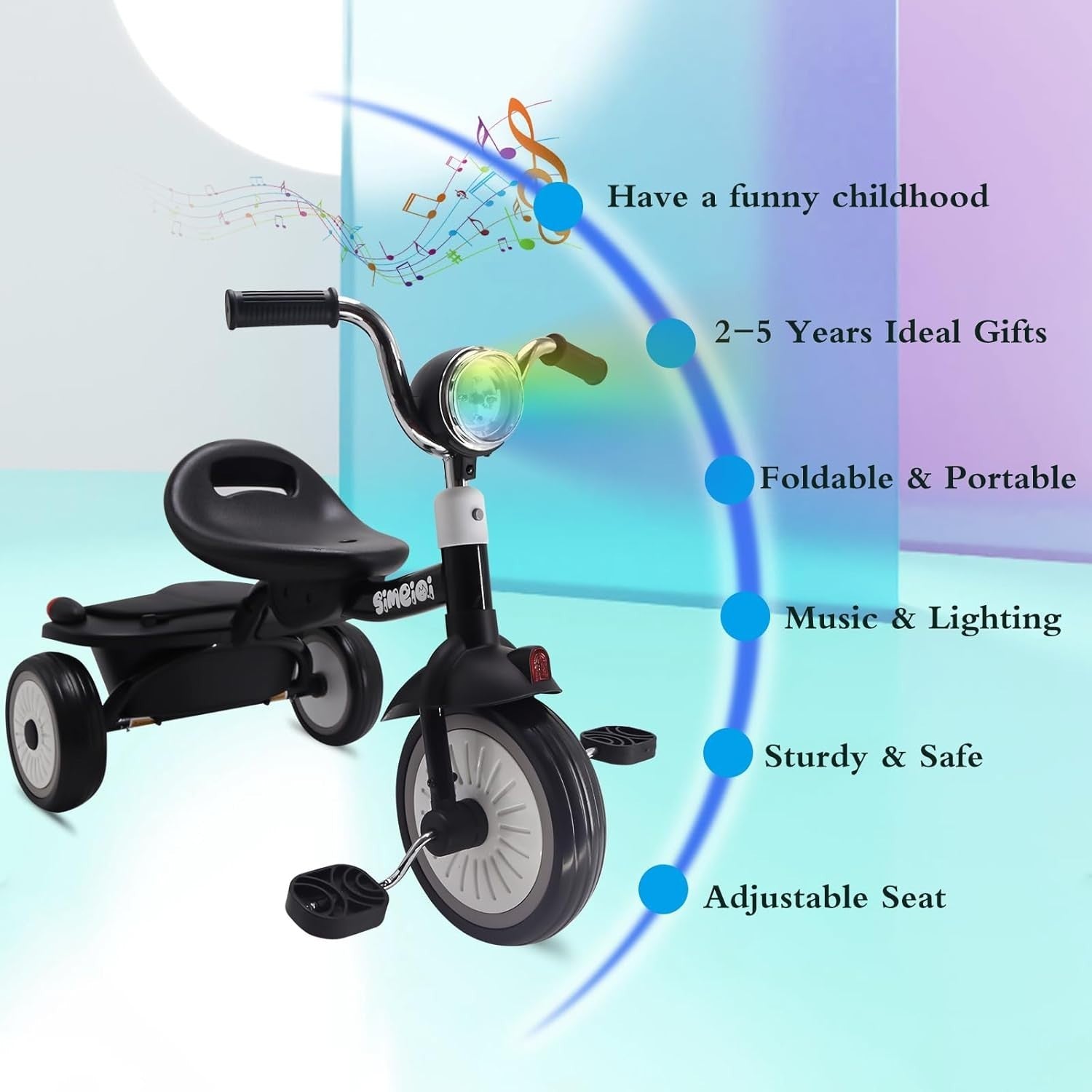 Kids Foldable Tricycle 3 Wheel Pedal Bike Music Lights Storage 1-4Y