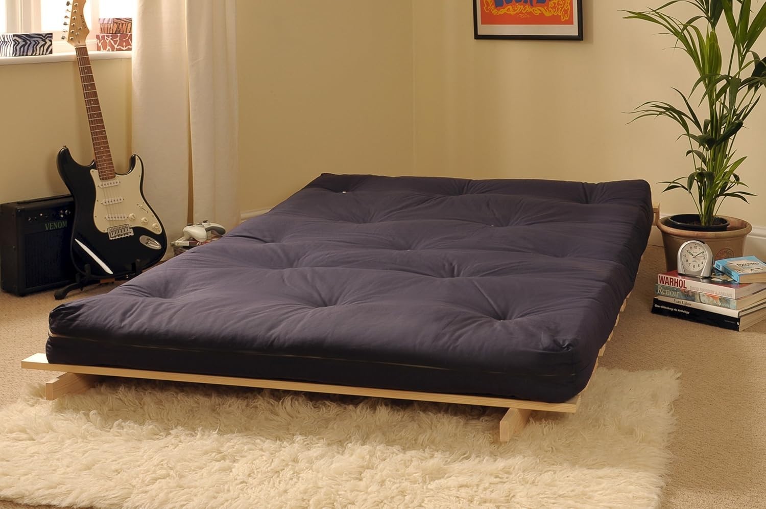 Double Wooden Futon Sofa Bed 4ft6 Tufted Navy Mattress Guest Ready