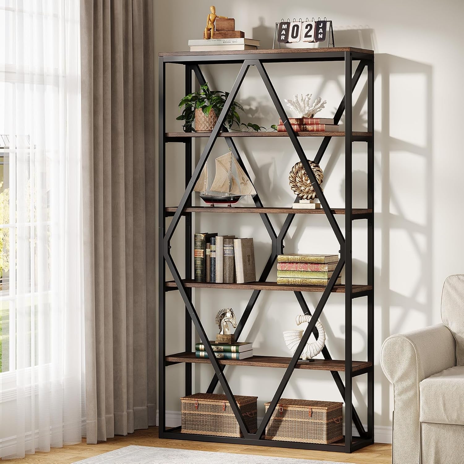 71-Inch Industrial 6-Tier Tall Bookshelf | Rustic Wood & Metal Display Shelving