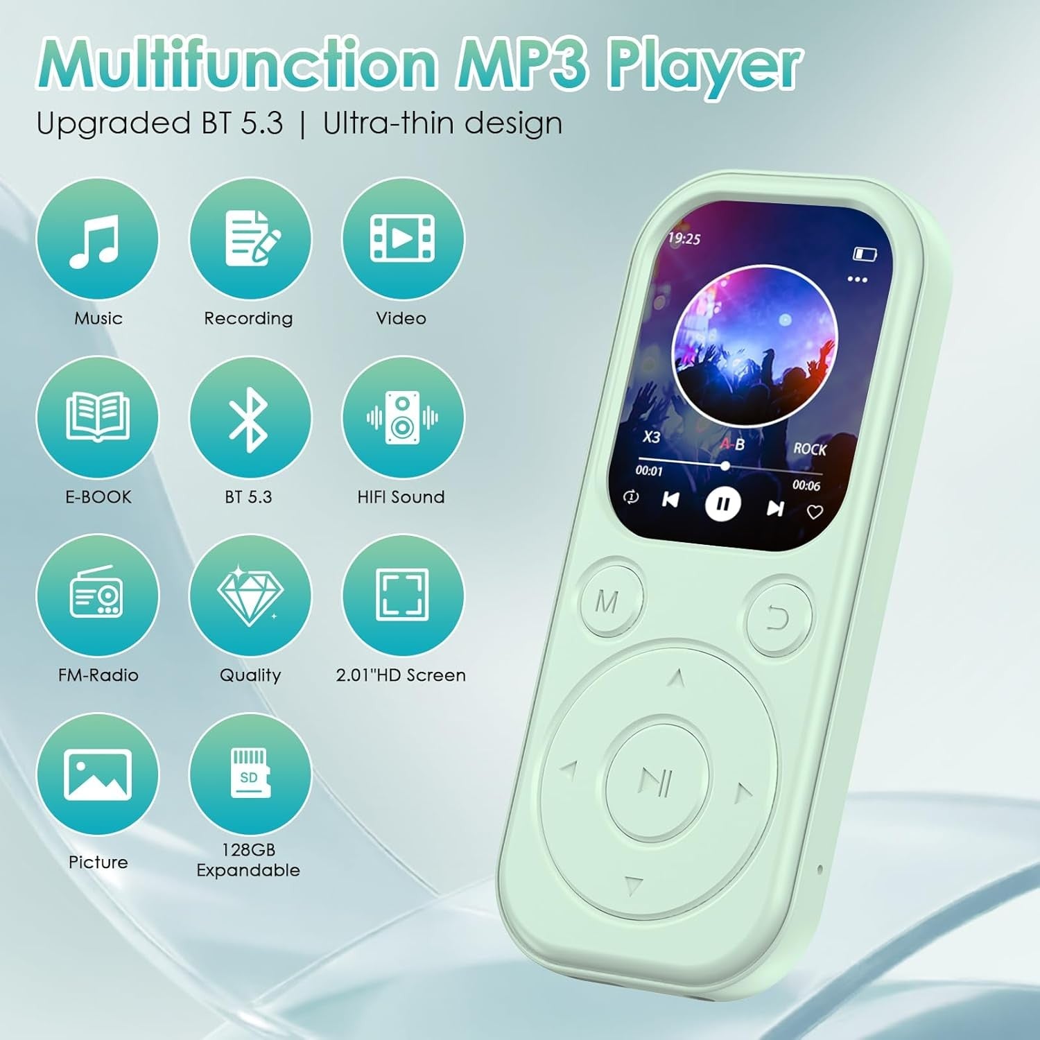 64GB Bluetooth 5.3 MP3 Player Green HiFi FM Radio 300mAh
