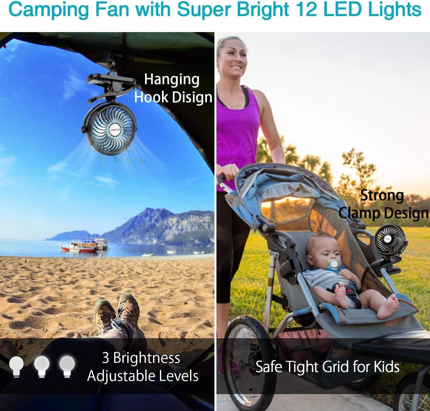 Clip-On Camping Fan – Rechargeable Desk Fan w/ LED Light 3 Speeds Portable Black