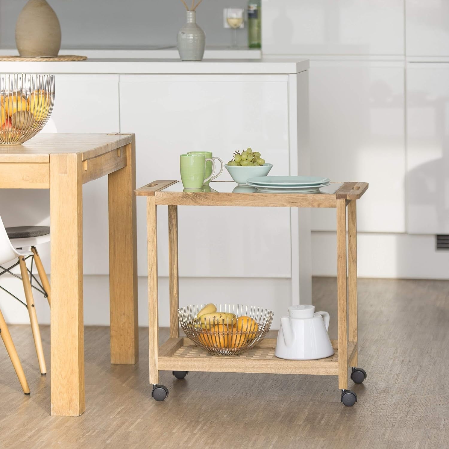 Walnut Kitchen Cart with Wheels Glass Top 2 Tier Trolley