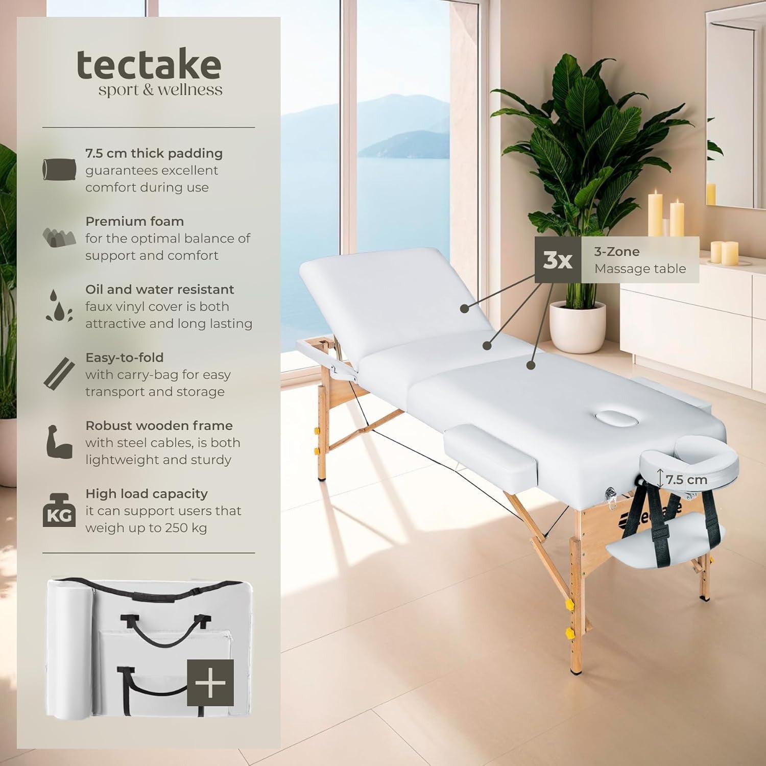 Portable Adjustable Massage Beauty Bed Foldable Spa Therapy Table 70cm White