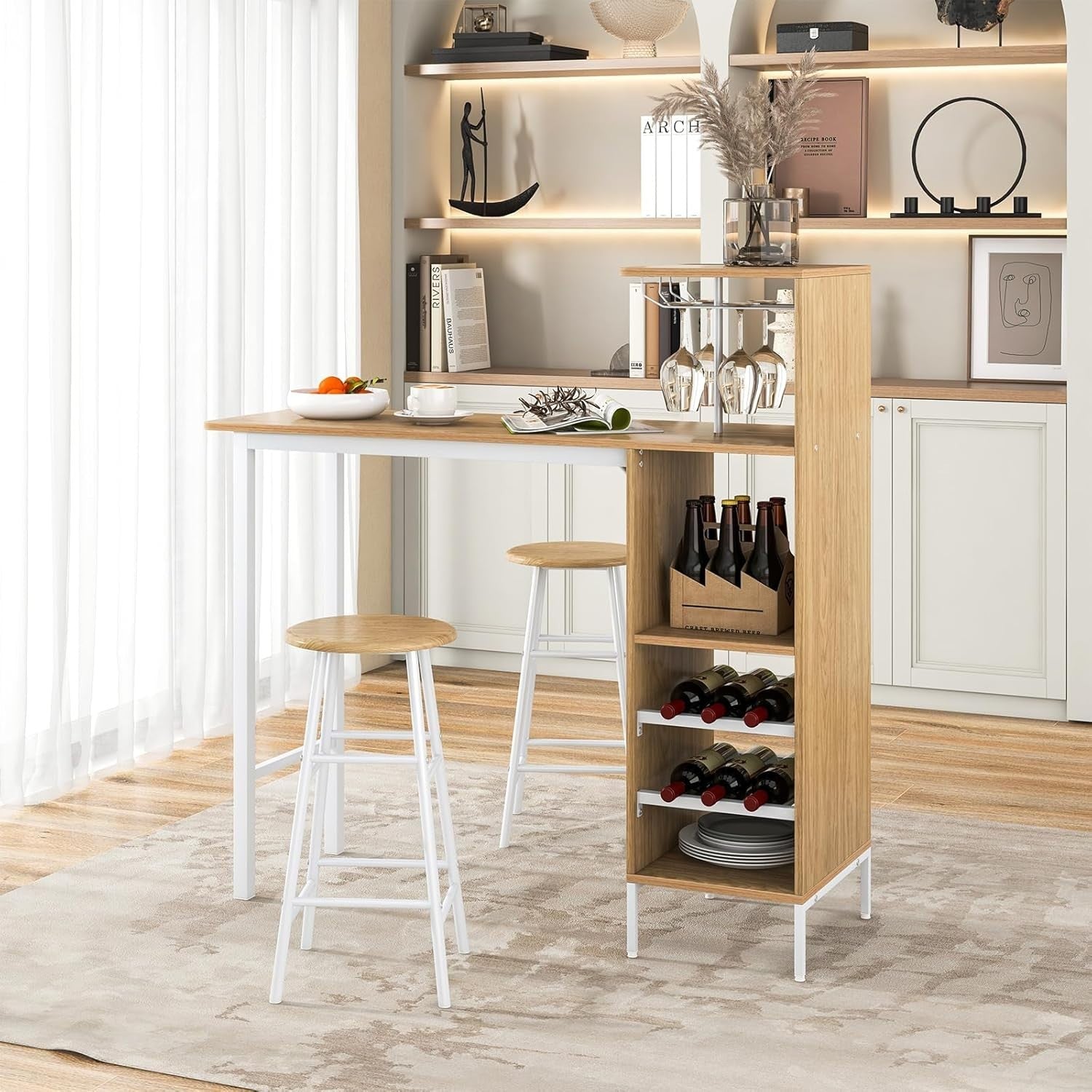 3 Piece Bar Table Set with Wine Racks & Stools, Natural Wood Steel Frame Sets