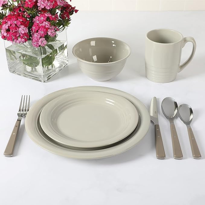 32pc Stoneware Dinnerware & Cutlery Set Service for 4 Grey Plates Bowls Mugs