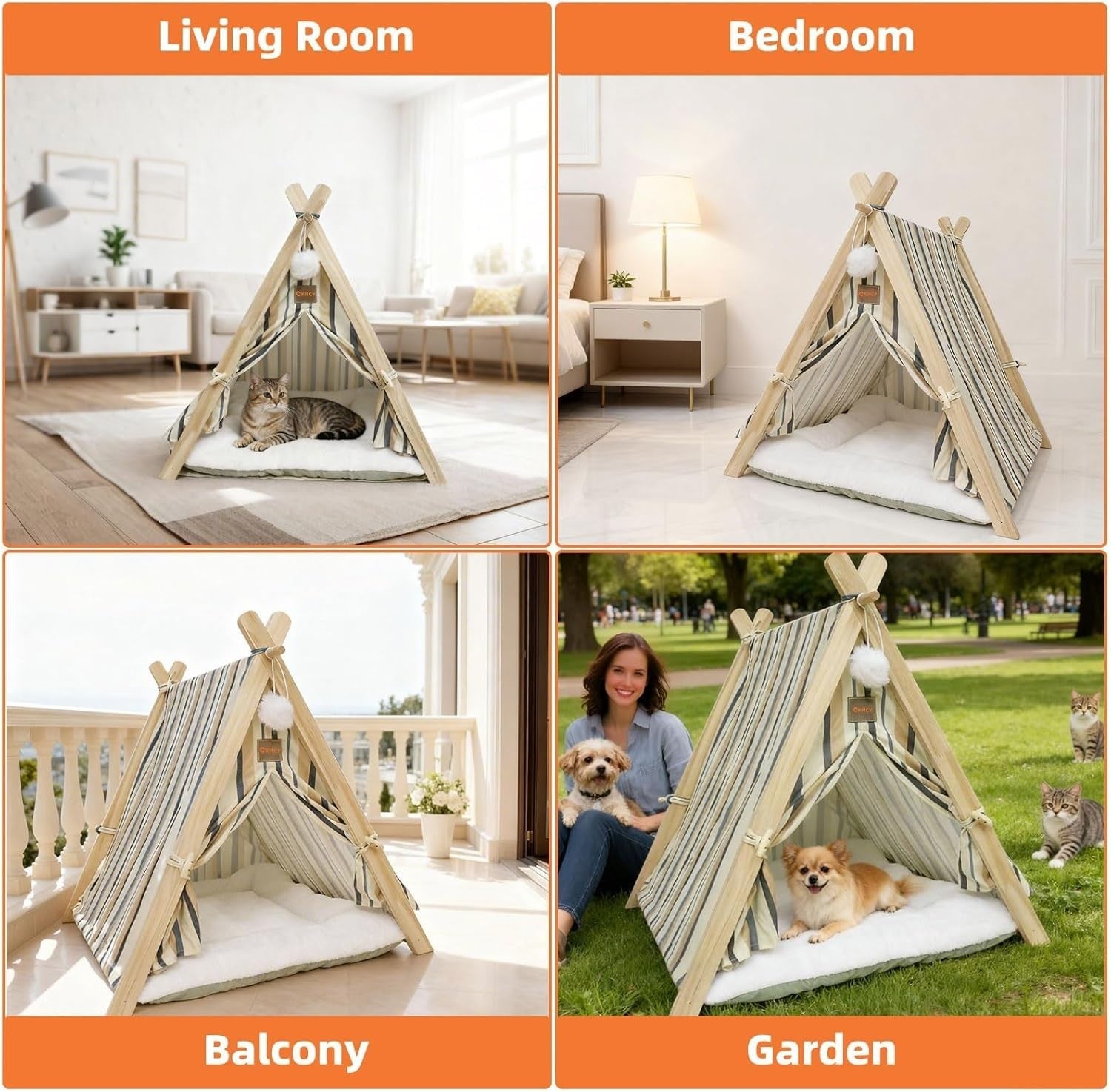 Wooden Pet Teepee Tent Cat Dog House w Cushion Indoor Shelter Striped