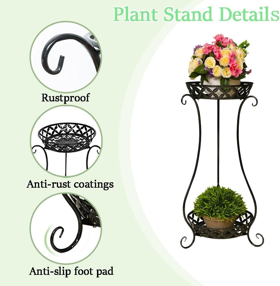 2 Tier Black Metal Plant Stand Indoor Outdoor Tall Flower Pot Display Shelf