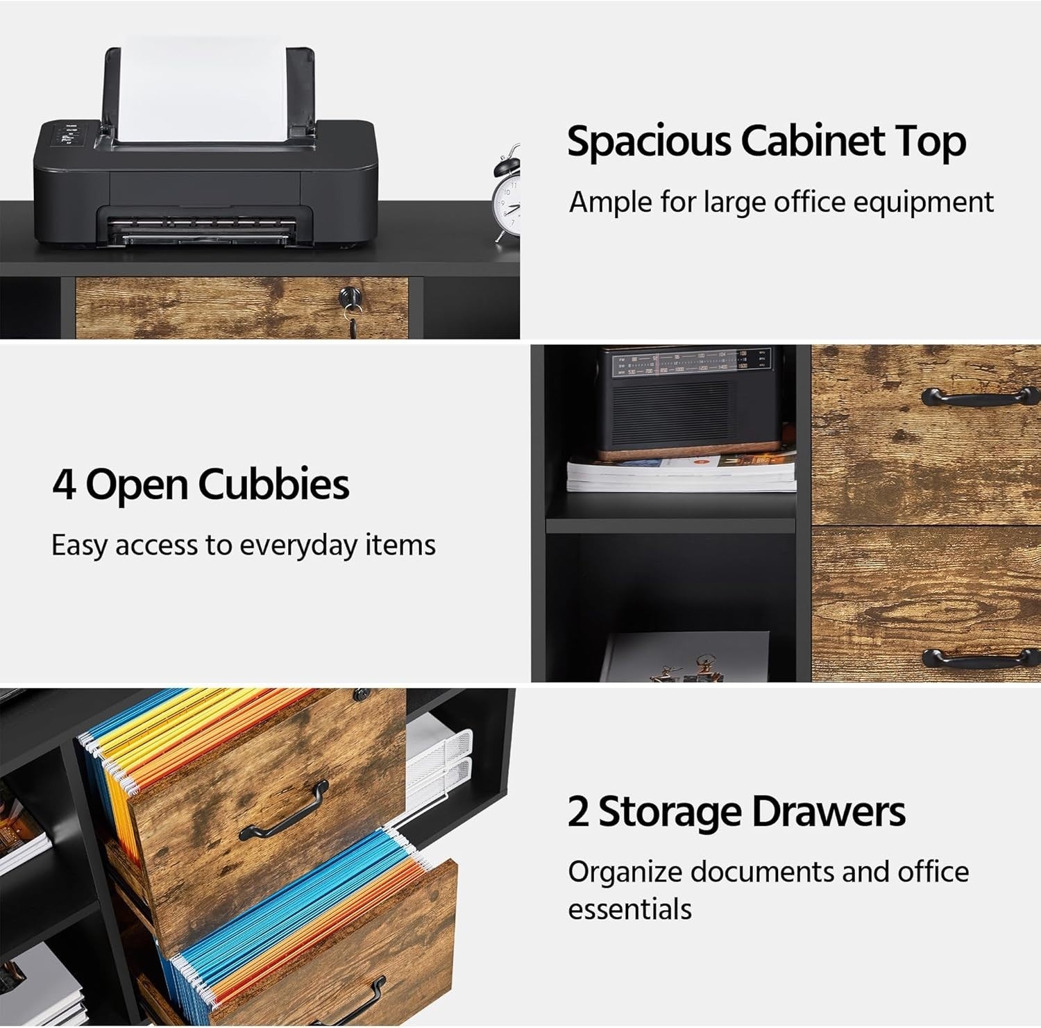 Rustic Black Rolling File Cabinet 100x40x65.5cm 2 Drawer Printer