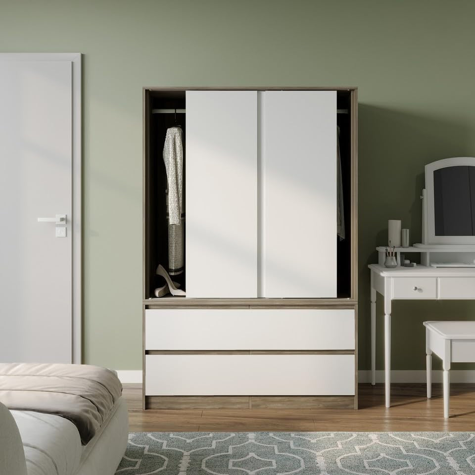 Sliding Door Wardrobe with Drawers Hanging Rail Storage Oak White