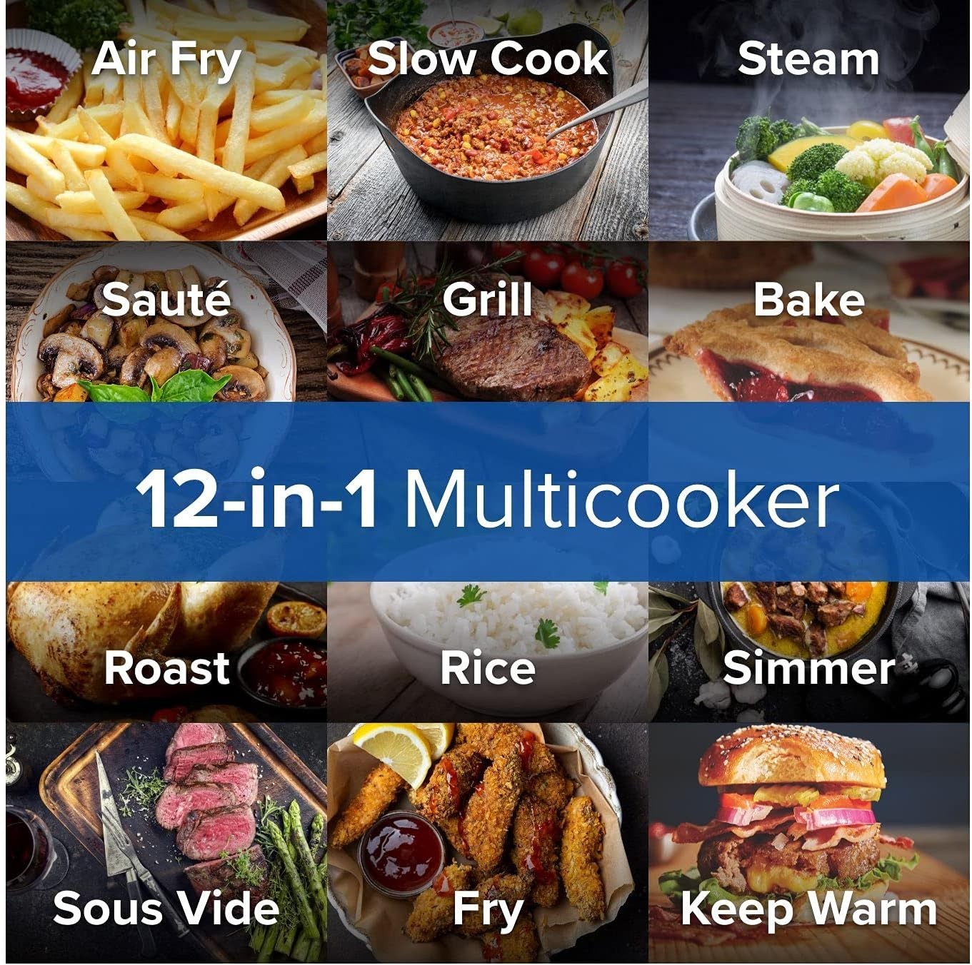 5.7L Air Fryer Grill Multicooker 12-in-1 200°C Dual Heat Nonstick LED