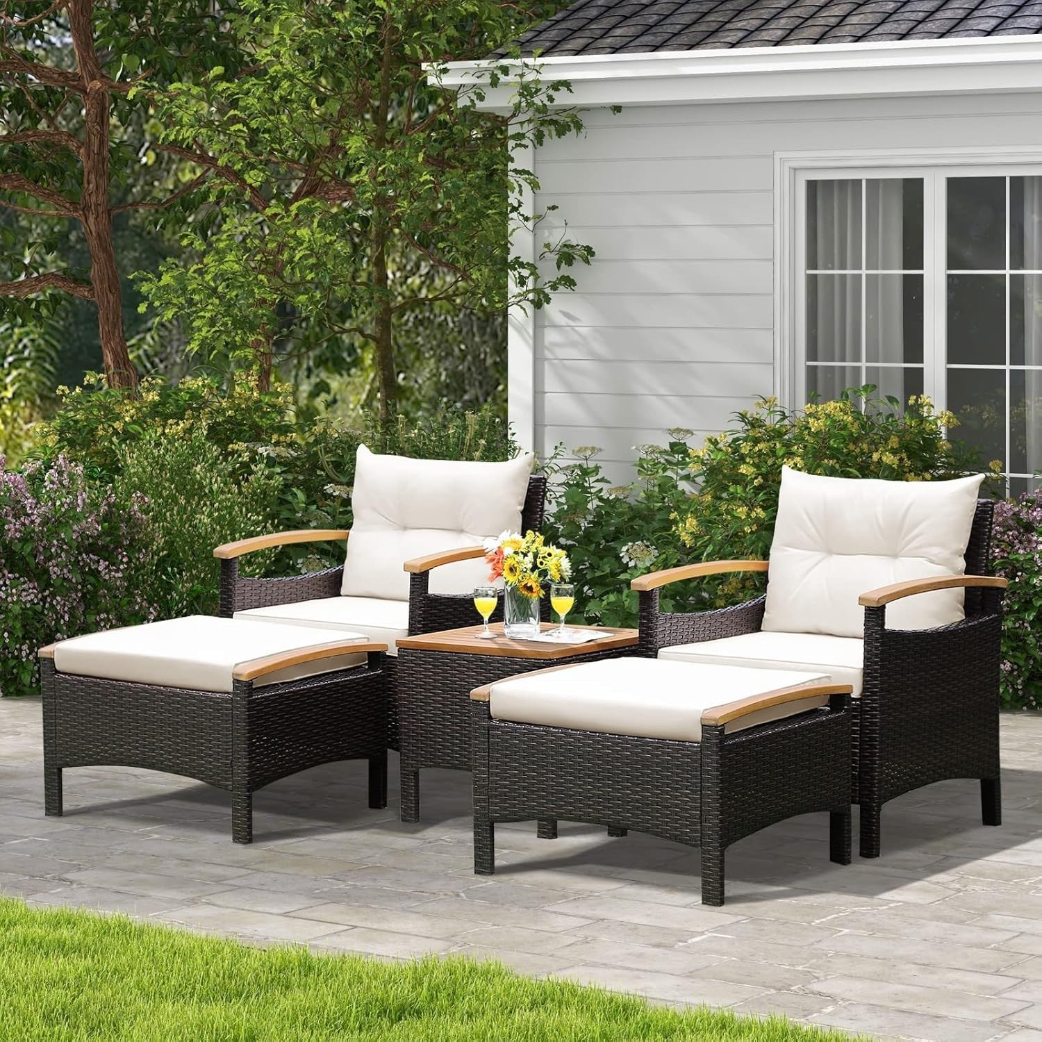 5-Piece Rattan Patio Lounge Set Reclining Chairs Ottomans Acacia Table