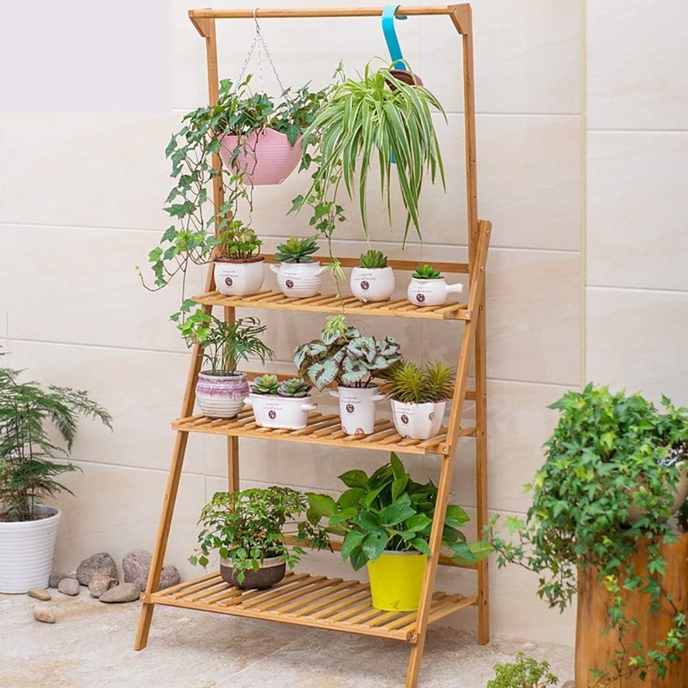 3 Tier Bamboo Plant Stand with Hanging Bar | Foldable Indoor Outdoor Ladder Shel