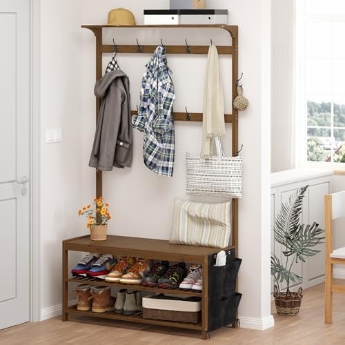 Brown Bamboo Hall Tree Coat Rack Shoe Bench with Shelves & Hooks 100x40x180cm