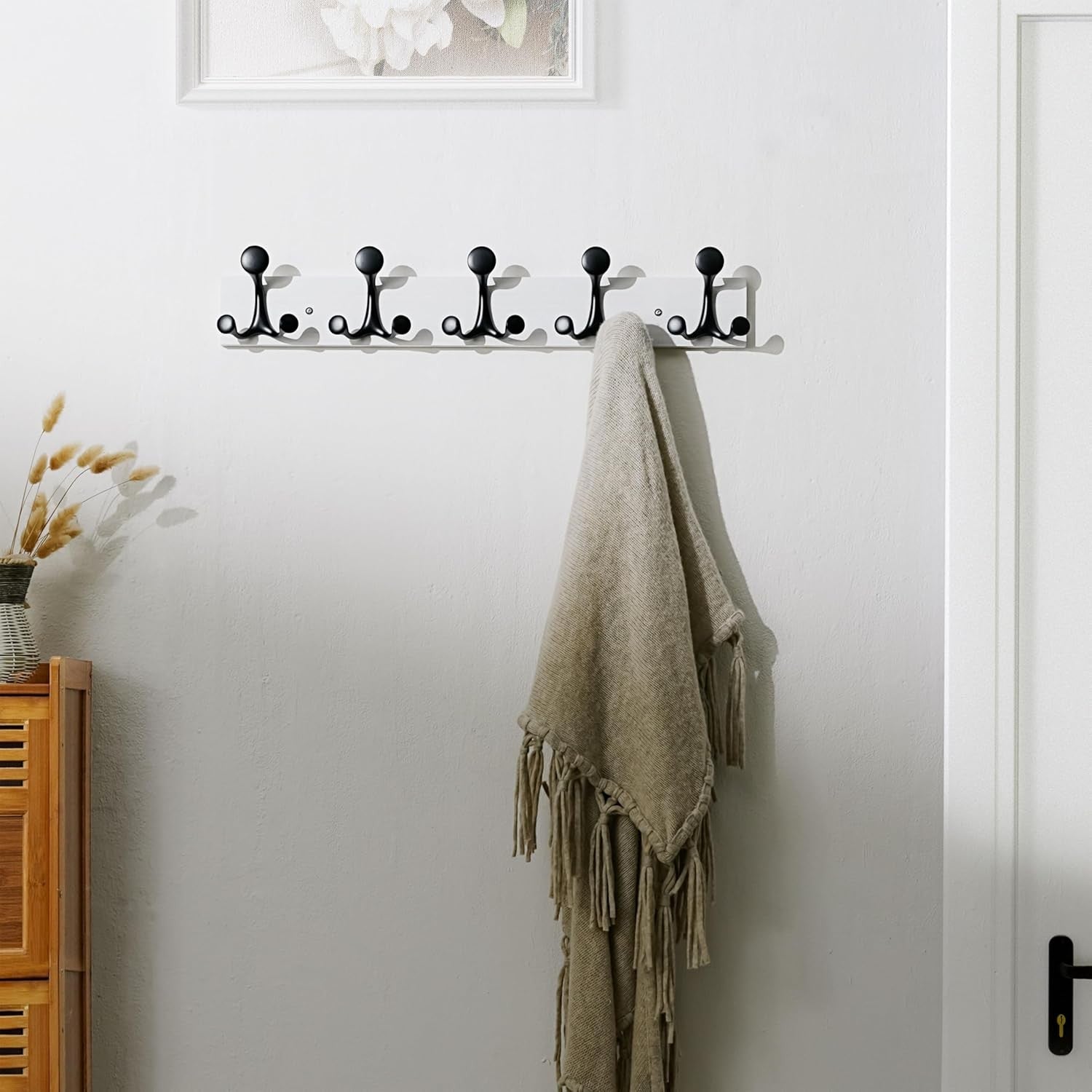 Modern White Wall Coat Rack 61cm – 5 Triple Hooks Heavy Duty Hanger for Hallway
