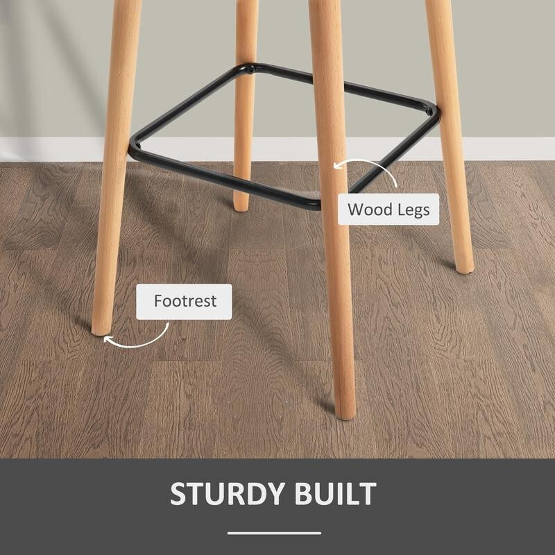 2x Beige Linen Bar Stools with Backrest Armrest Wood Legs for Kitchen