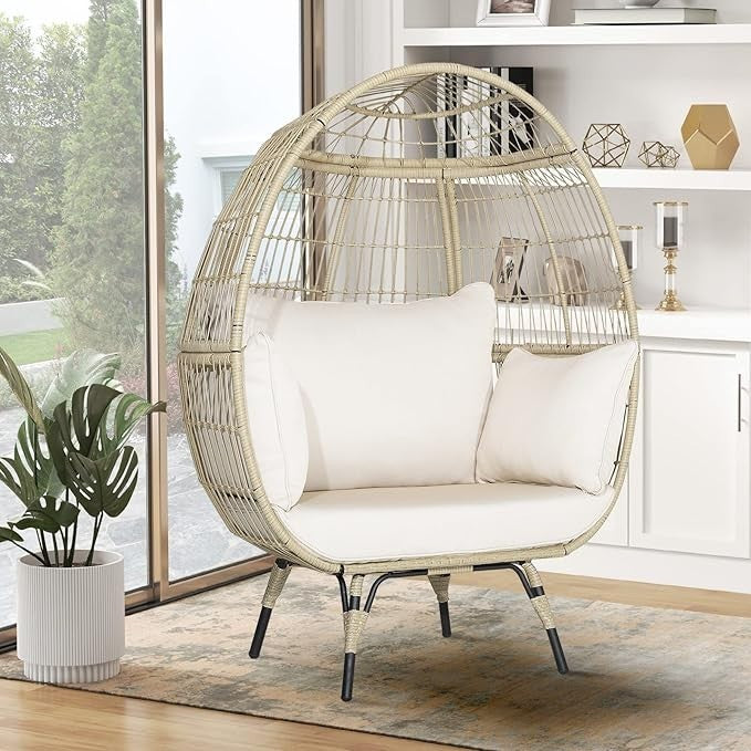 Oversized Rattan Egg Chair with Cushions Indoor Outdoor Lounge Seat 180kg