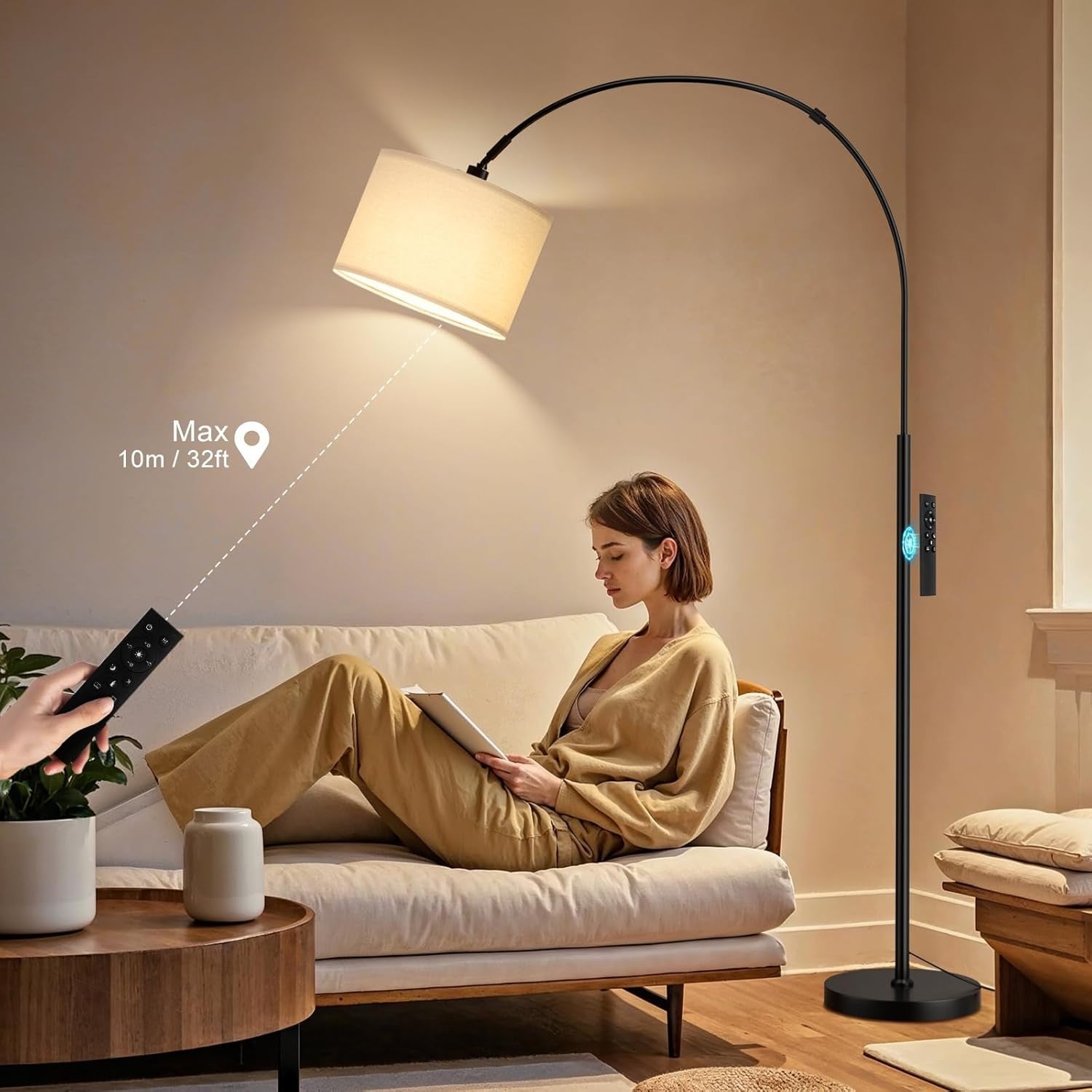 Arc Floor Lamp Remote Dimmable Corner Standing Light Modern Tall Lamp