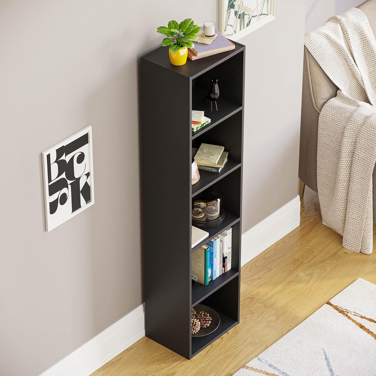 5 Tier Black Wooden Cube Bookcase Small Storage Shelf for Living Room Office