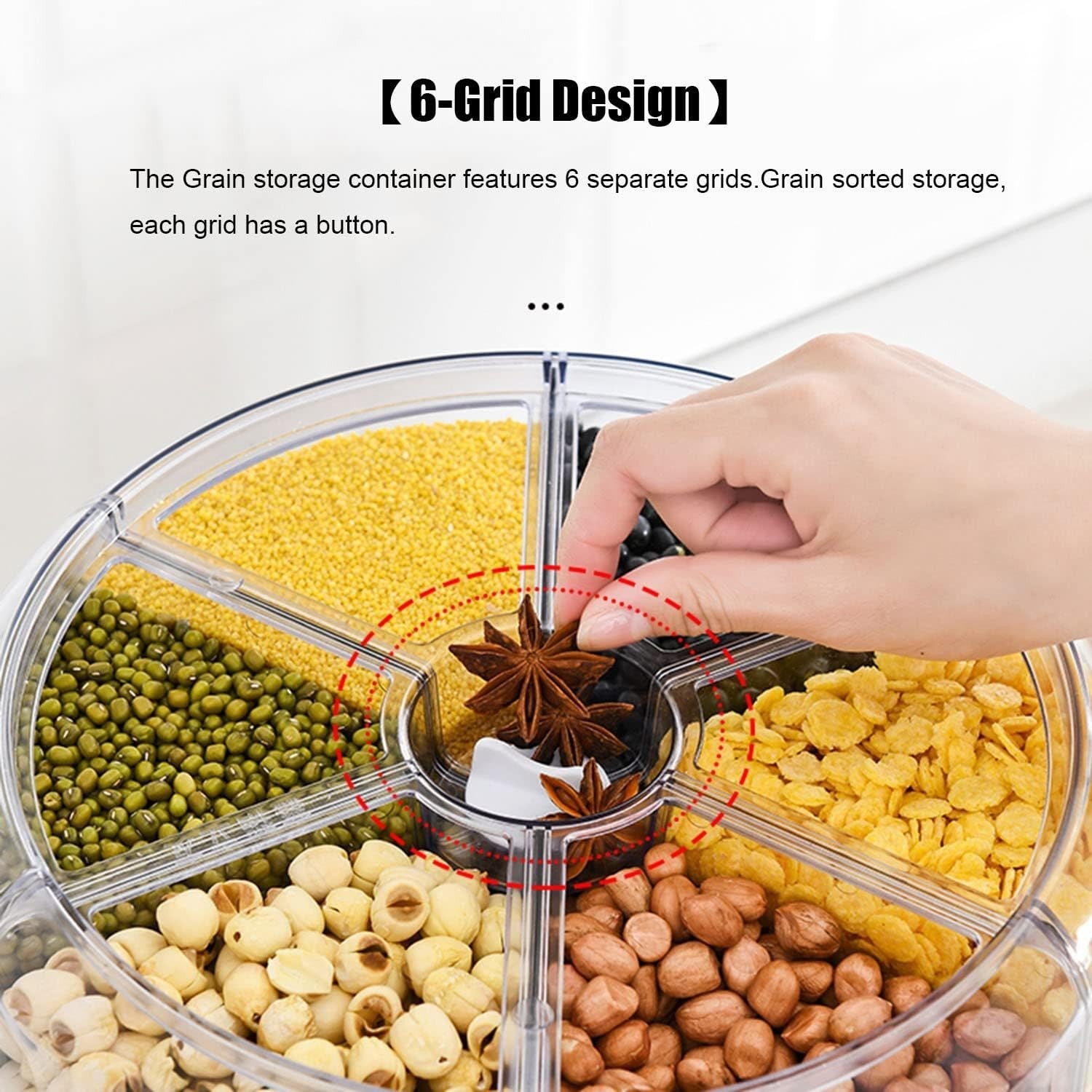 20LBS 360° Rotating Rice Dispenser 6 Grid Airtight Grain Bin