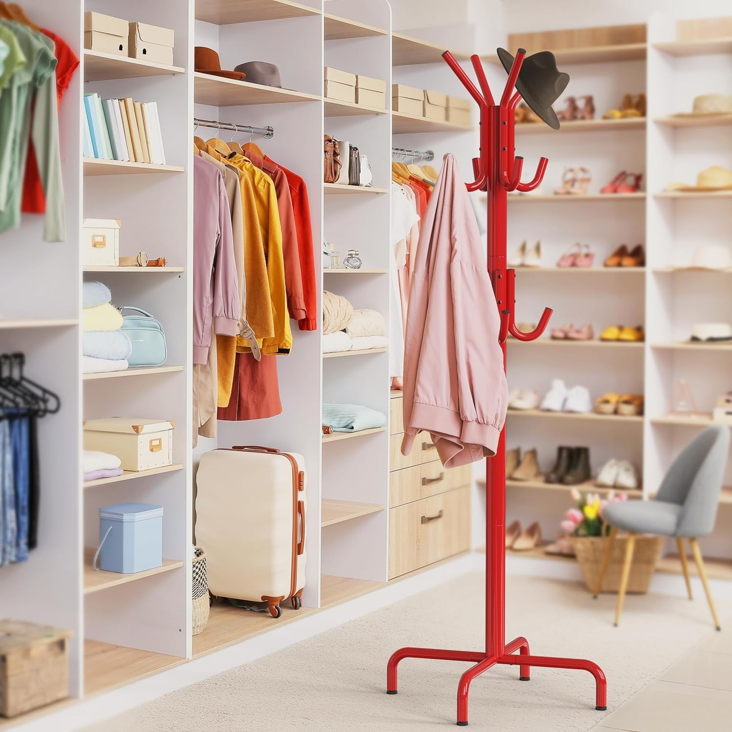 Standing Coat Rack with 12 Hooks | Red Metal Hat & Scarf Organizer Stand