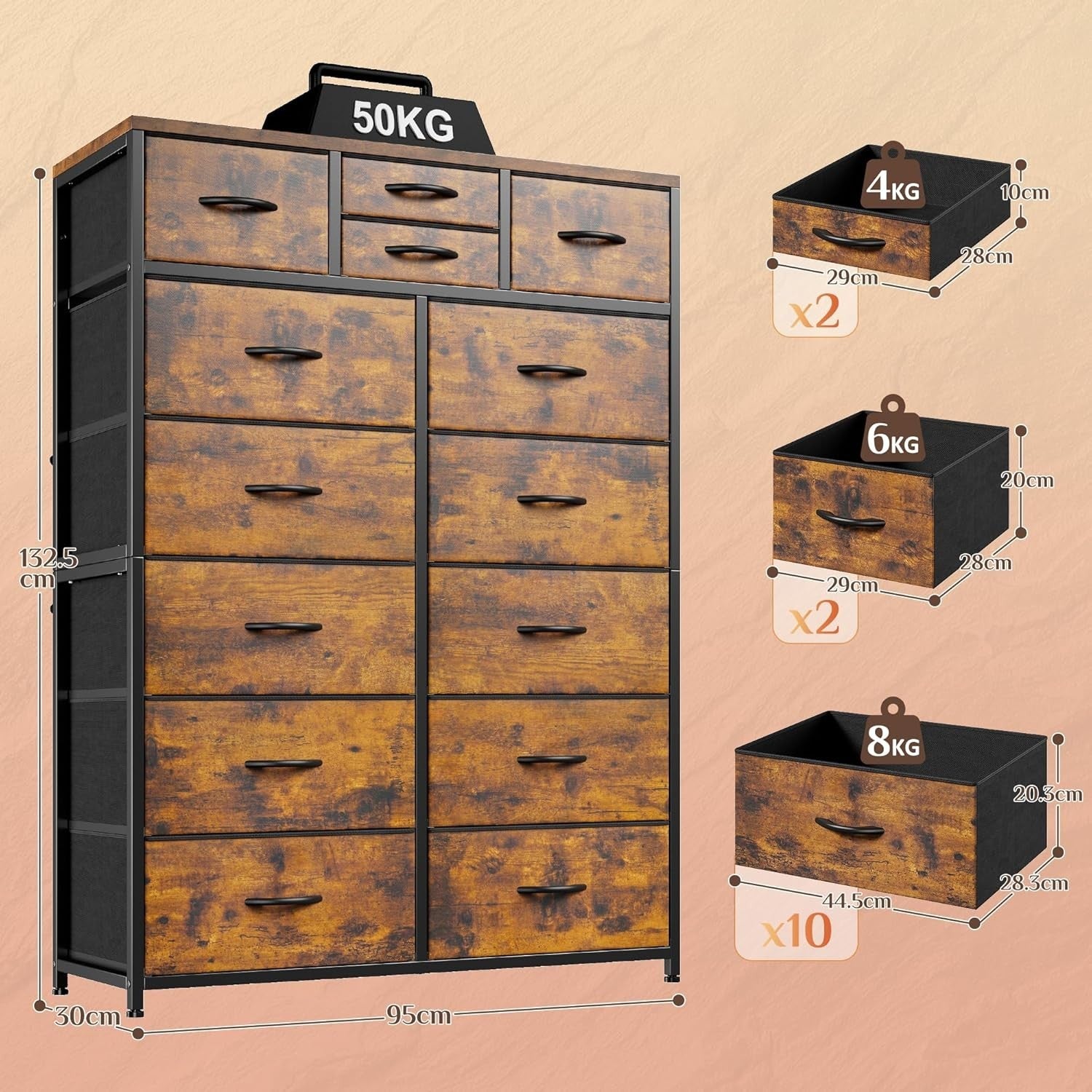 Tall Chest of Drawers 14 Fabric Storage Units Rustic Wood Metal Frame