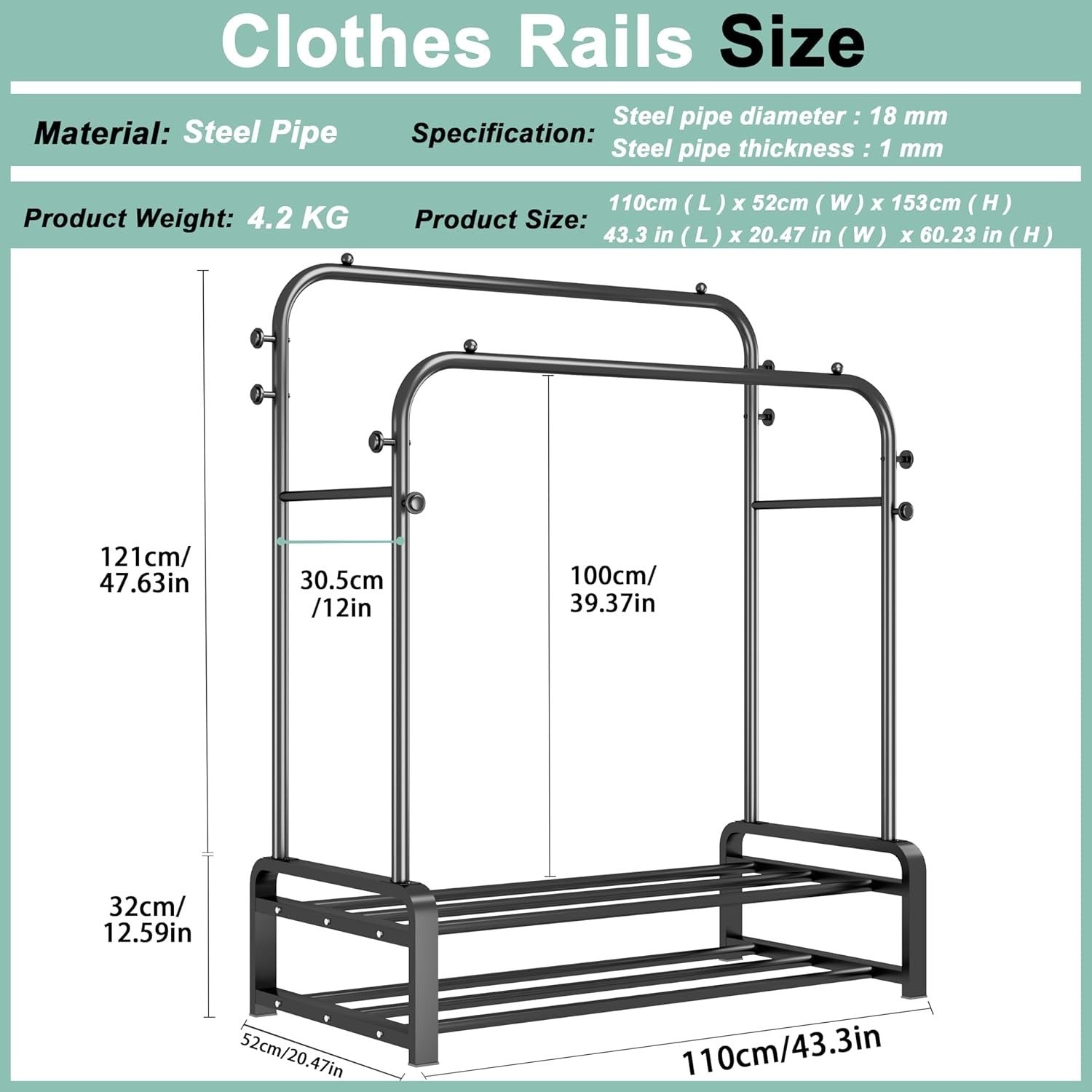 Heavy Duty Double Rail Clothes Rack with Shoe Shelves – Black