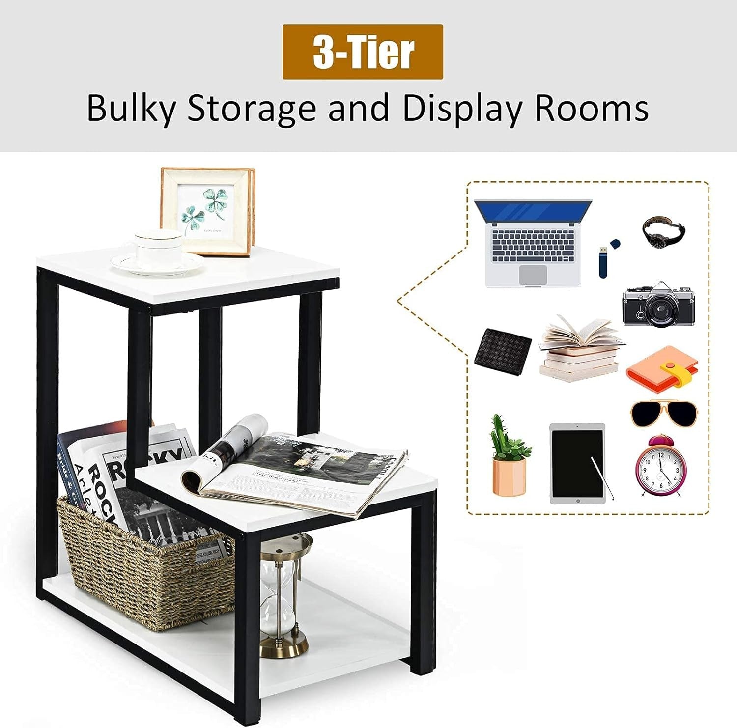 Modern 3-Tier Ladder Side Table with Storage Shelf – Slim Metal Frame Bedside Un